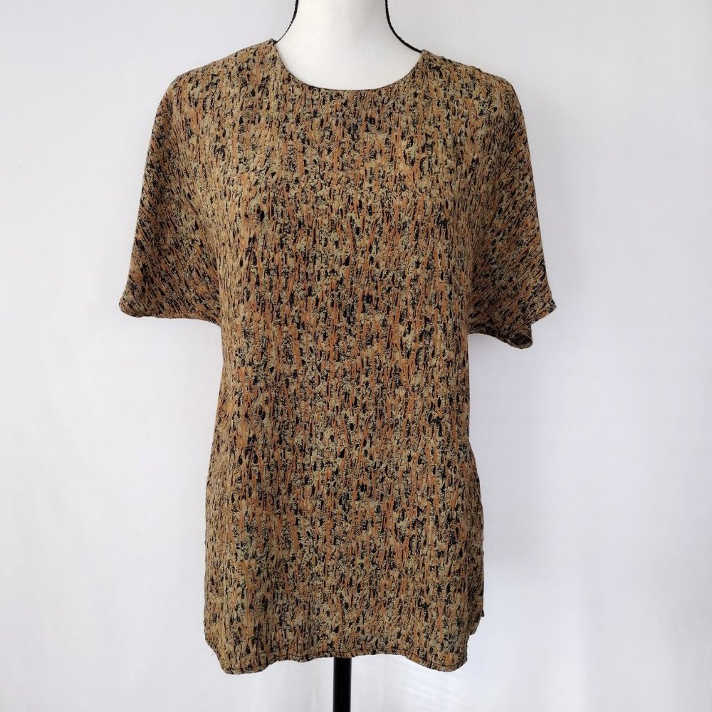 Vintage 80s AKF Tan Abstract Print Bat Sleeve Oversized Blouse Size M/L